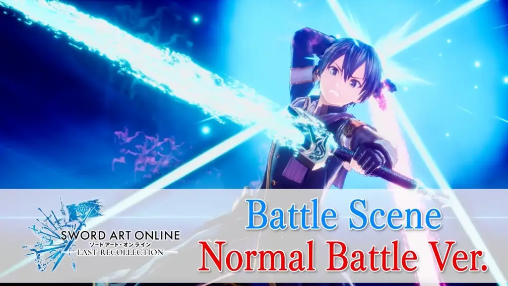 Adegan aksi yang menegangkan menggambarkan perjuangan untuk bertahan hidup Gambar adegan aksi menegangkan dalam Sword Art Online