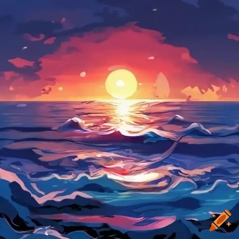 Kedamaian di Tengah Samudra Adegan anime matahari terbenam di lautan yang tenang